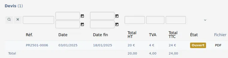 Espace client H24 TRAVAUX, liste des devis
